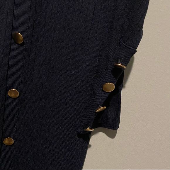 ZARA Ribbed Knit Puffy Sleeve Gold Button Front Midi Dress - Picture 4 of 7